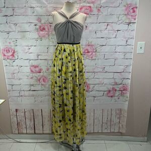 Ryu yellow floral accordion pleated halter maxi dress